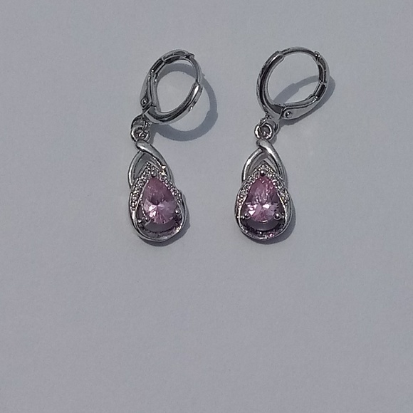 Jewelry - White Gold filled pink sapphire leverback earrings